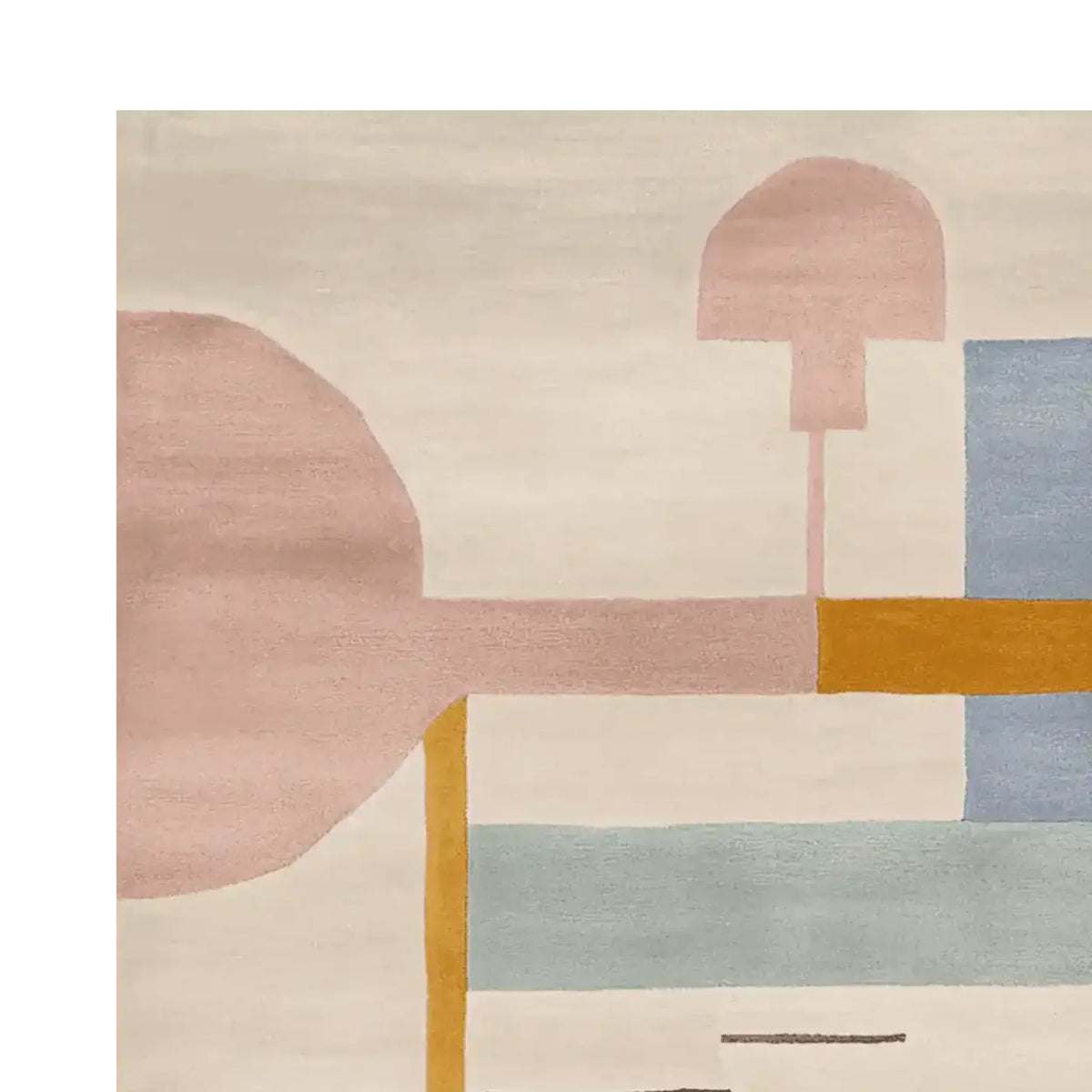 This area rug showcases a contemporary abstract design with soft pastel hues, featuring a mix of pink, blue, and mustard tones. Perfect for adding a modern touch to any living room, this wool rug is available in an 8x10 size, making it a stylish and cozy addition to your living space.