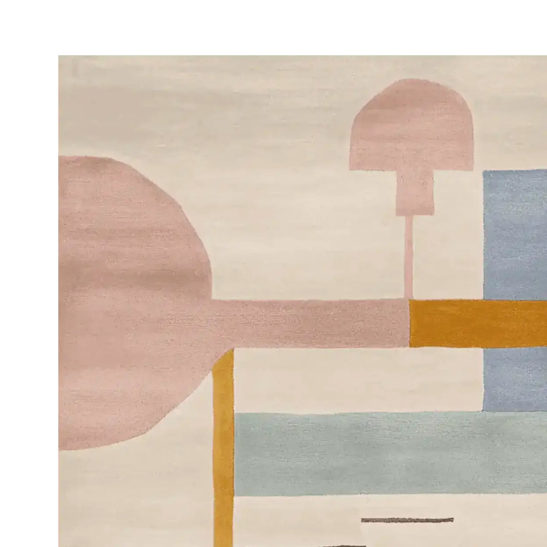 This area rug showcases a contemporary abstract design with soft pastel hues, featuring a mix of pink, blue, and mustard tones. Perfect for adding a modern touch to any living room, this wool rug is available in an 8x10 size, making it a stylish and cozy addition to your living space.