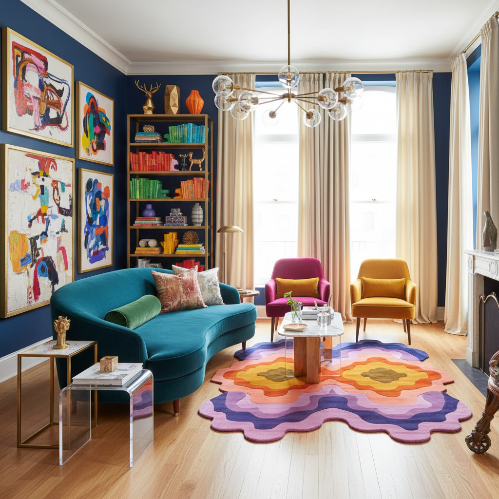 Colorful living room with a blue sofa, colorful rug, and art on the walls.