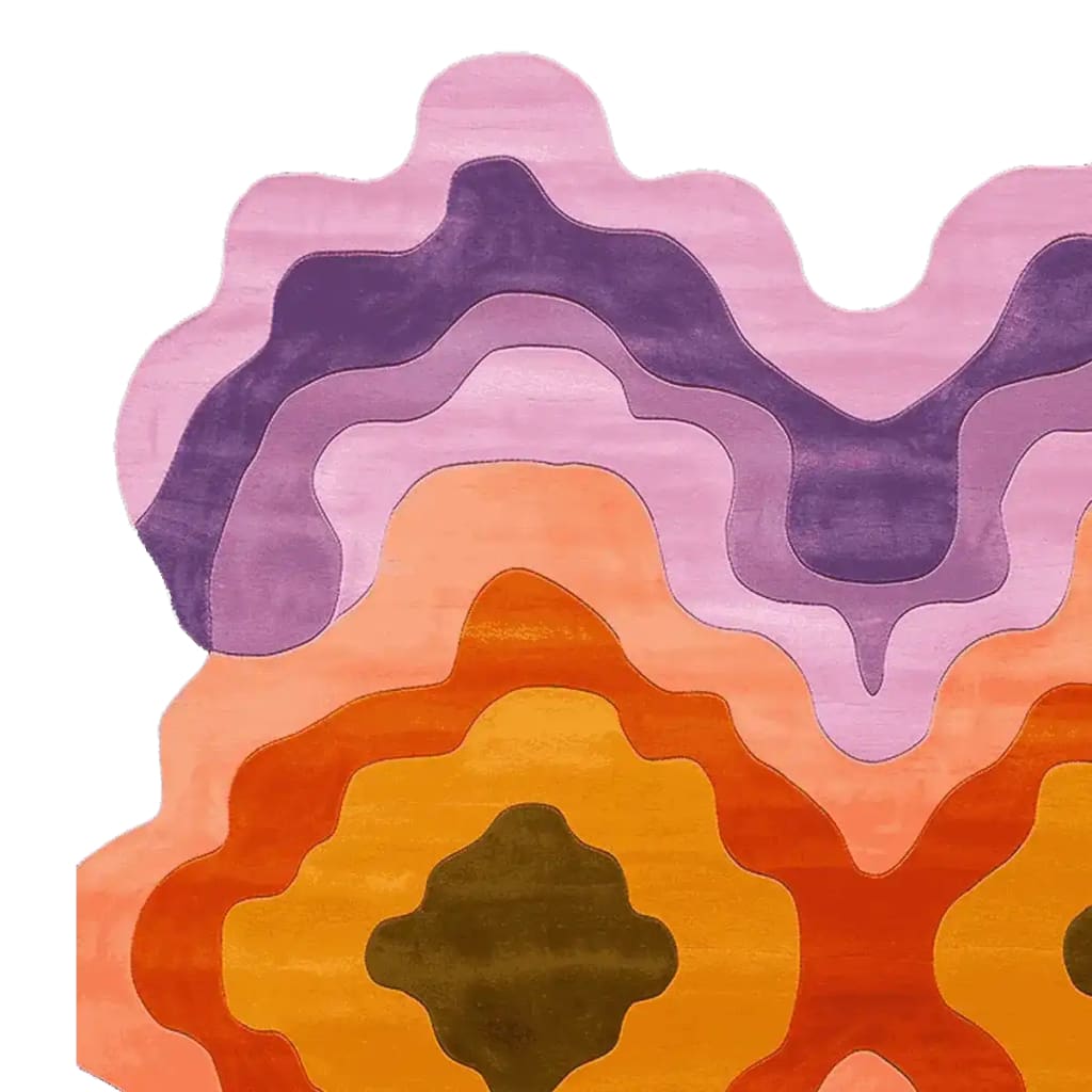 Vibrant and contemporary area rug with abstract wavy patterns in shades of purple, pink, orange, and yellow. This hand-tufted wool rug is perfect for adding a bold statement to any living room. Ideal as an 8x10 area rug, it enhances modern home decor with its unique design.