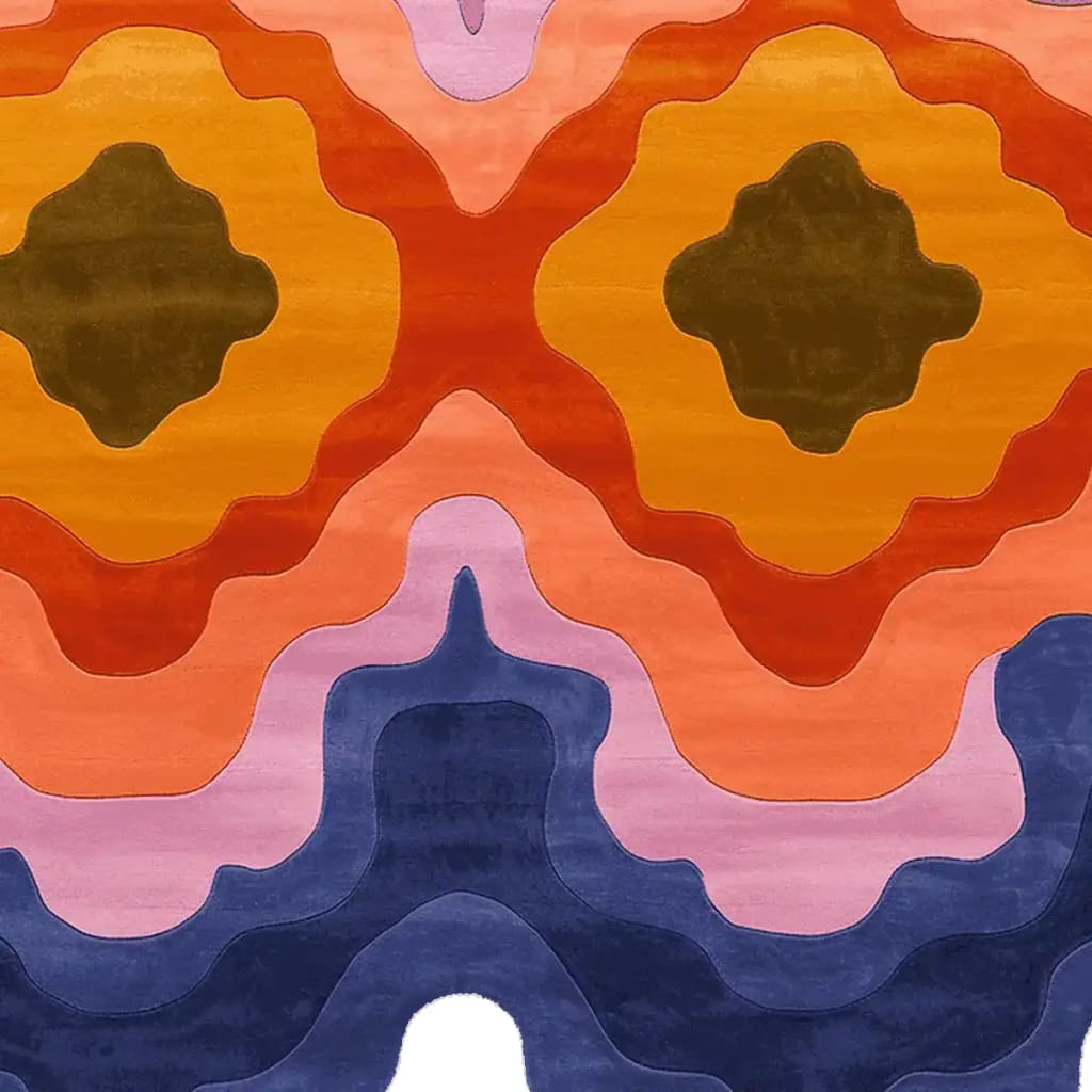A vibrant hand-tufted area rug featuring a contemporary abstract design with bold, wavy patterns in shades of orange, purple, and blue. Perfect for adding a modern touch to living room spaces, this wool rug is an ideal 8x10 size for area rugs in living rooms.