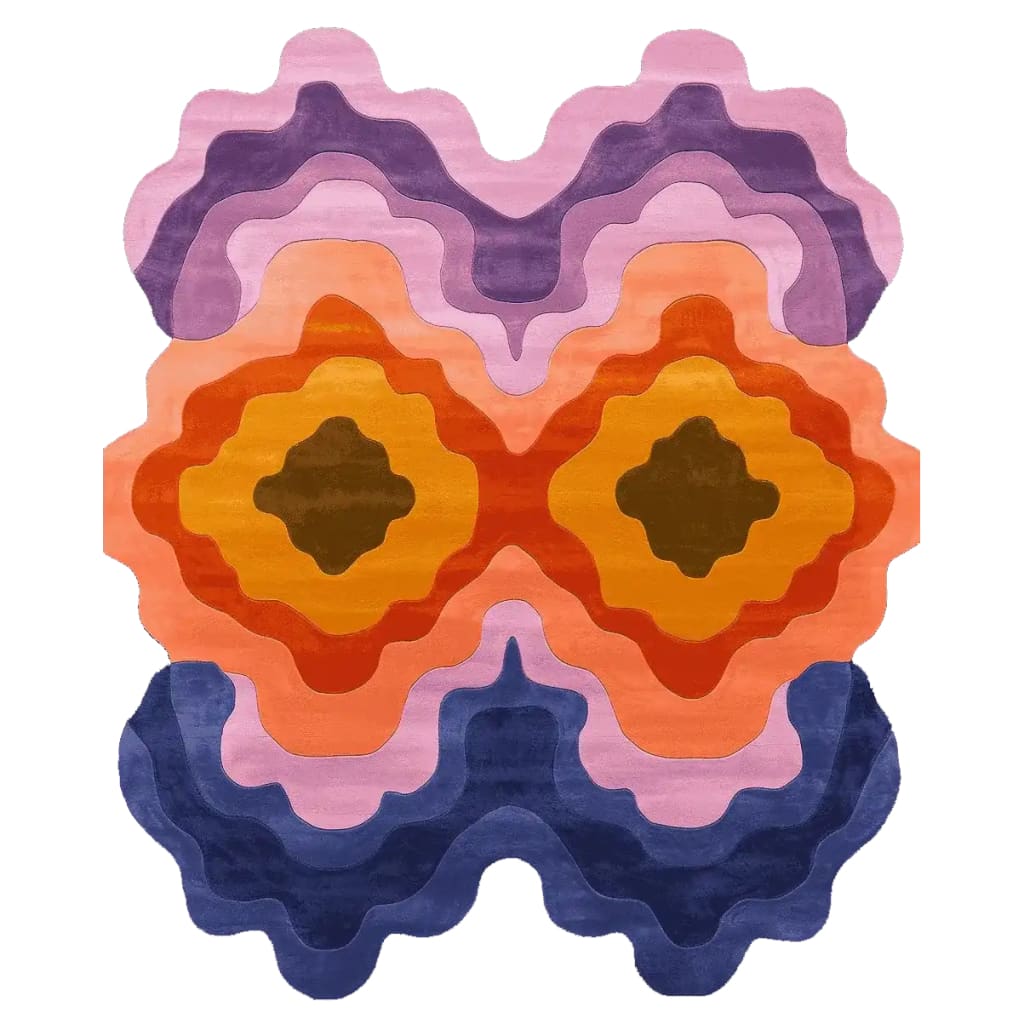 Top view of the Formations Flow Hand Tufted Area Rug showcasing a vibrant, abstract design with layered waves in shades of purple, orange, and pink. This contemporary wool rug is perfect for adding a splash of color to any living room, especially in an 8x10 size.
