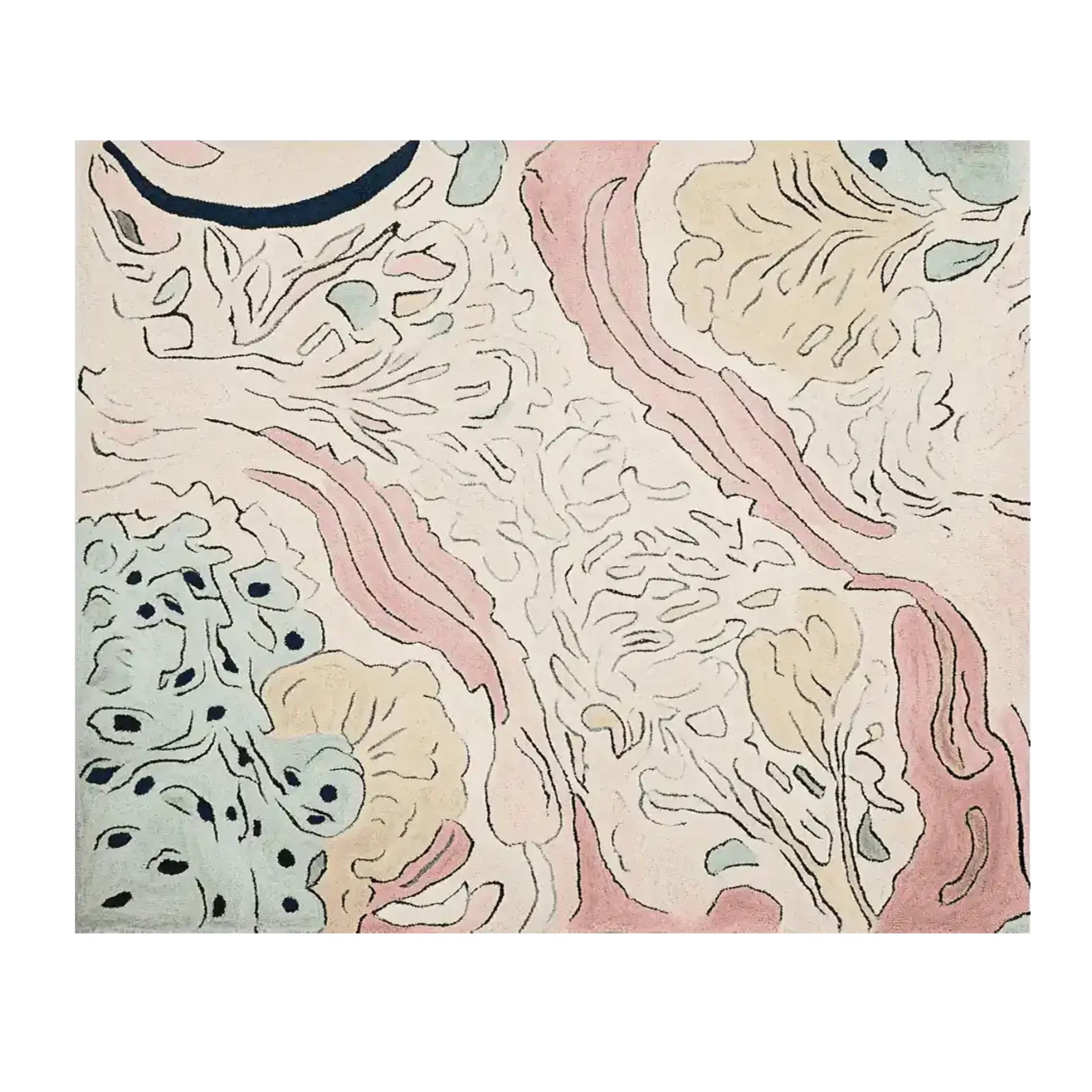 Fossil Bloom Field Hand Tufted Area Rug featuring an abstract design with flowing pastel colors, perfect for contemporary living rooms. This large wool rug combines soft pinks, blues, and creams, offering a stylish touch to any space.
