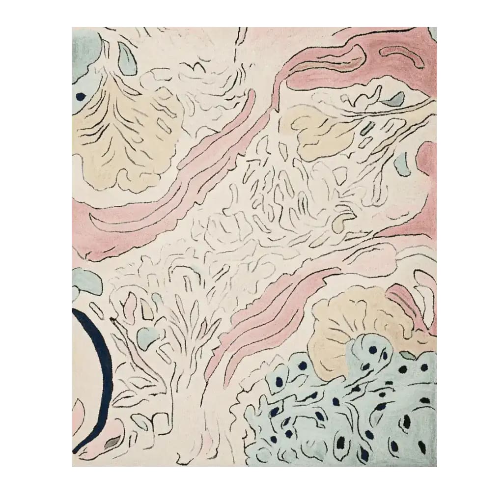 The Fossil Bloom Field Hand Tufted Rug showcases an abstract design with soft pastel colors, ideal for adding a contemporary touch to any living space. This wool area rug is perfect for large living rooms, combining artistic flair with the comfort and durability of high-quality materials.