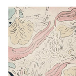 Close-up of the Fossil Bloom Field Hand Tufted Area Rug featuring an abstract design with soft pastel colors. This contemporary wool rug is perfect for adding a touch of elegance to large living room spaces, showcasing intricate patterns in shades of pink, beige, and blue.