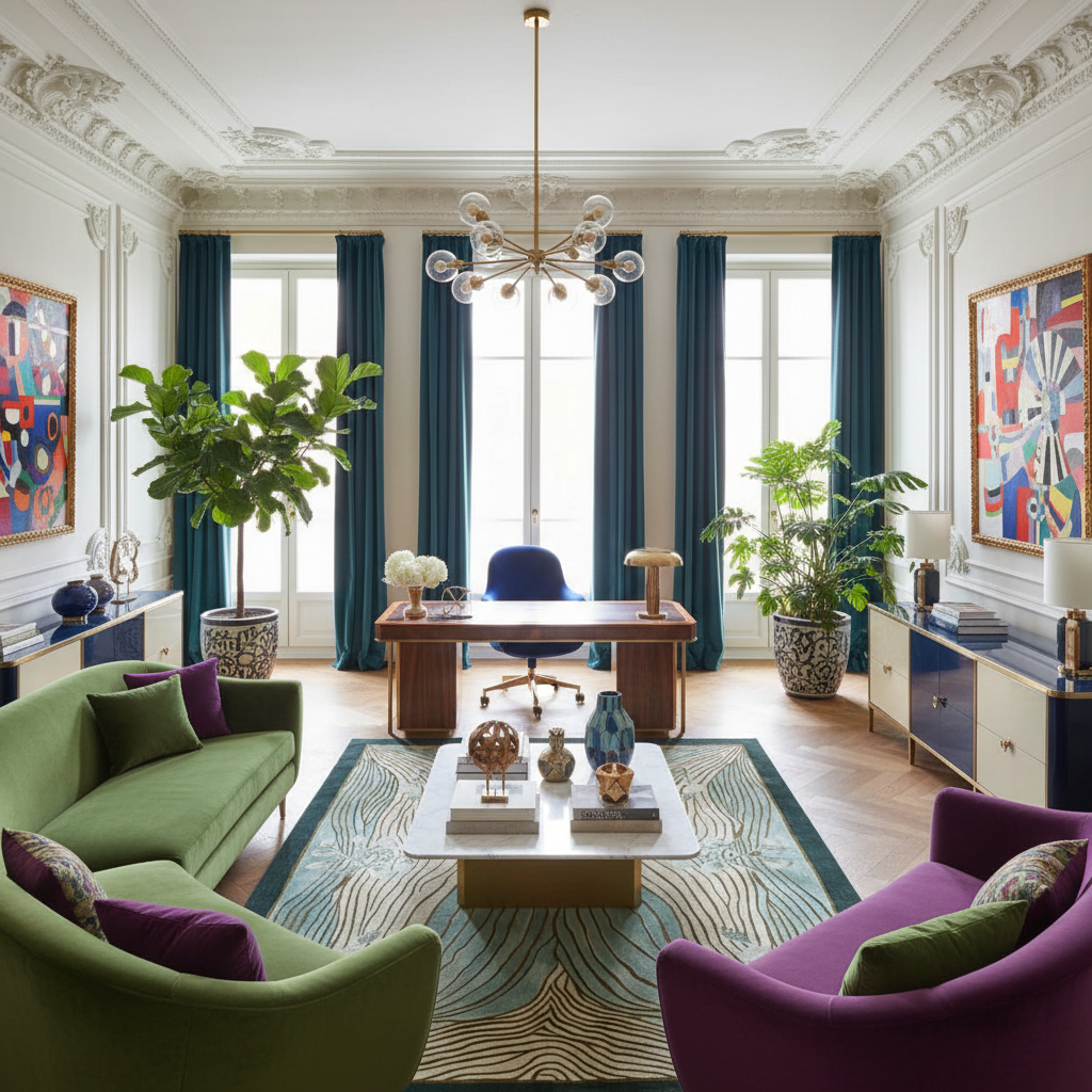 Modern living room with green and purple furniture, a desk, and area wool rug.