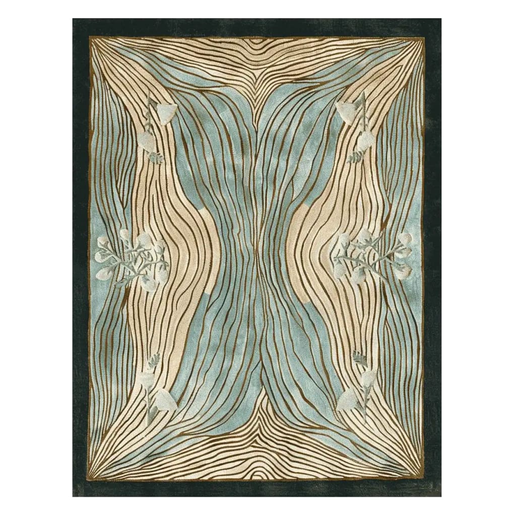 A contemporary area rug featuring an abstract design with flowing lines in soft beige and blue hues, crafted from high-quality wool. Ideal for adding a modern touch to living room decor, this hand-tufted rug combines artistic flair with comfort.