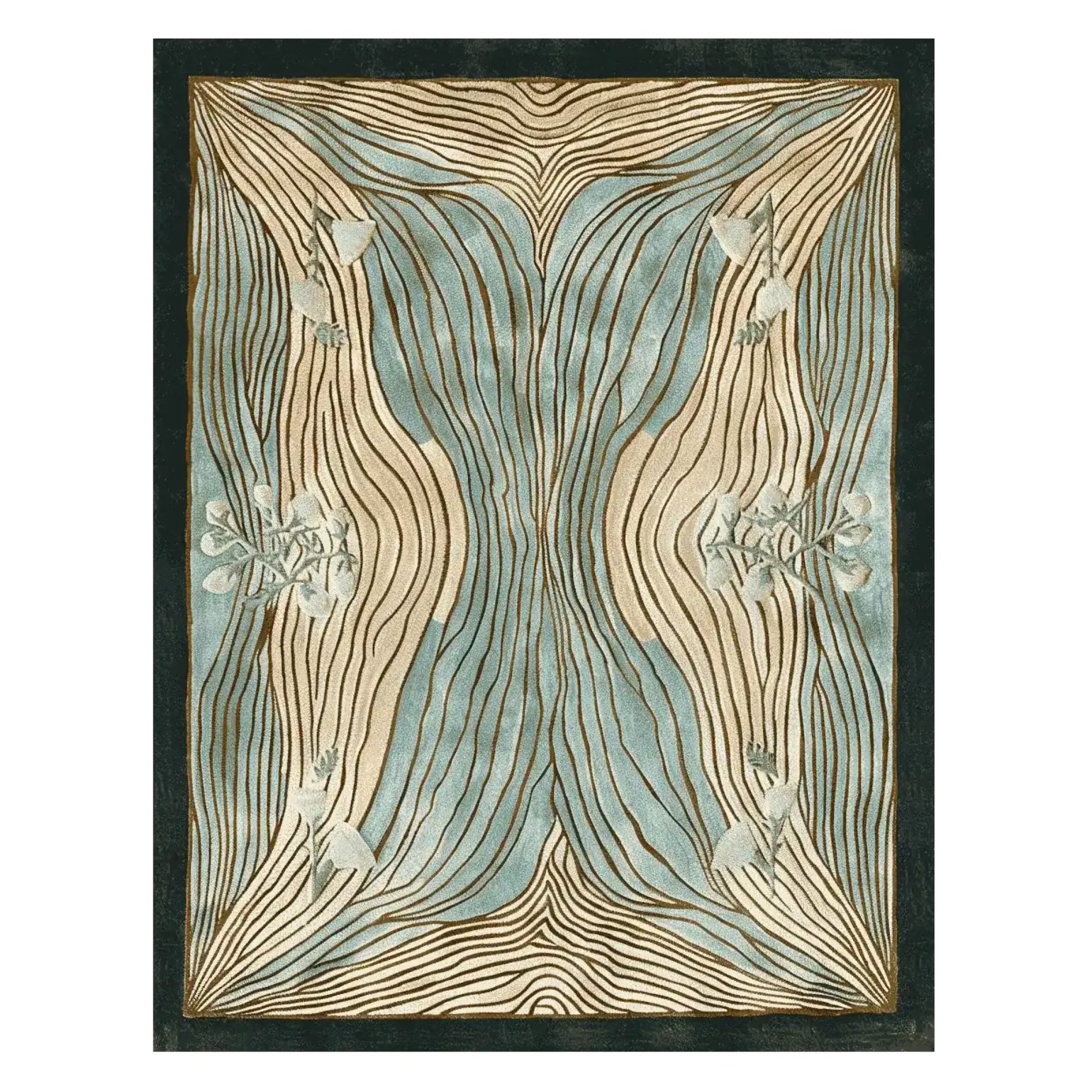 A contemporary area rug featuring an abstract design with flowing lines in soft beige and blue hues, crafted from high-quality wool. Ideal for adding a modern touch to living room decor, this hand-tufted rug combines artistic flair with comfort.
