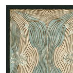 A contemporary area rug featuring an abstract design with flowing lines in shades of beige and teal, accented by subtle leaf patterns. This wool rug is perfect for adding a touch of modern elegance to living room area rugs.