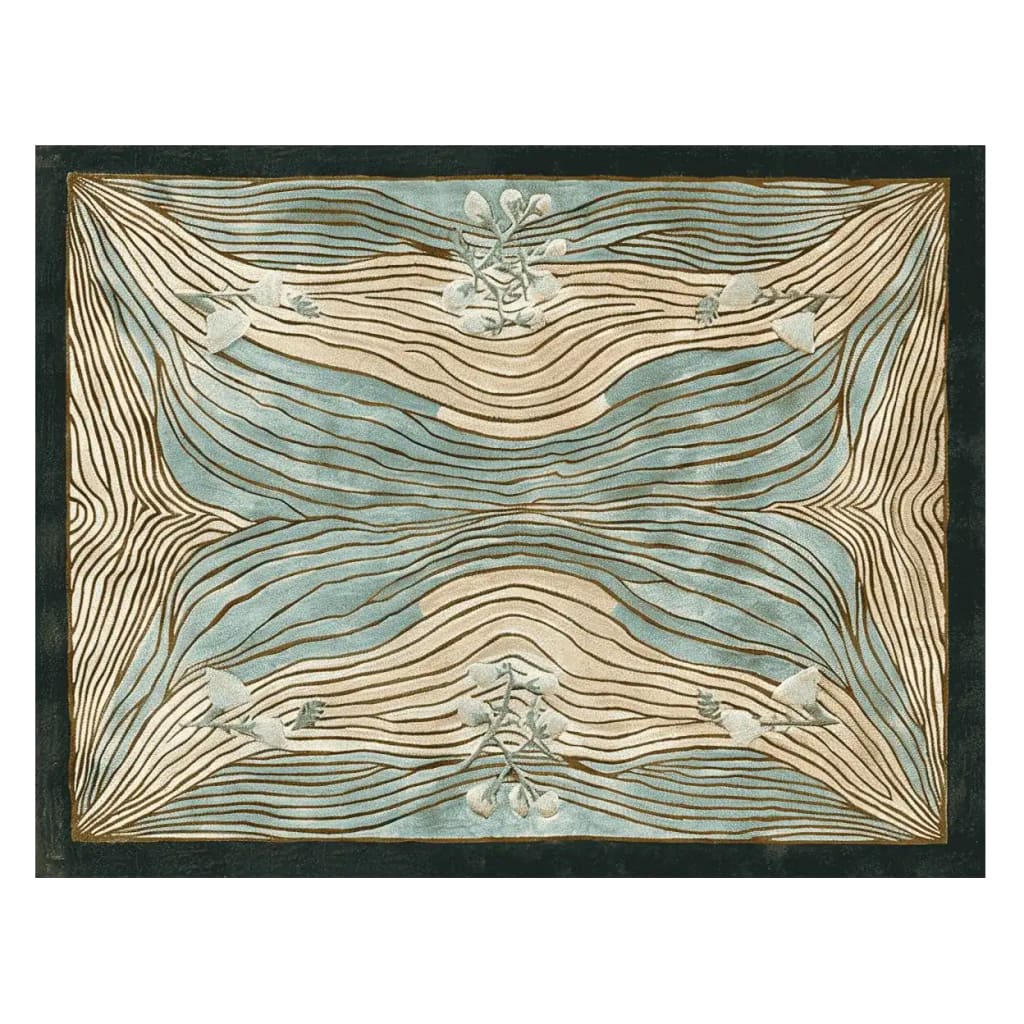 This image showcases the Fossil Trace Field Hand Tufted Area Rug, featuring an elegant abstract design in shades of beige and blue. Perfect for adding a contemporary touch to your living room, this wool rug offers a blend of style and comfort.