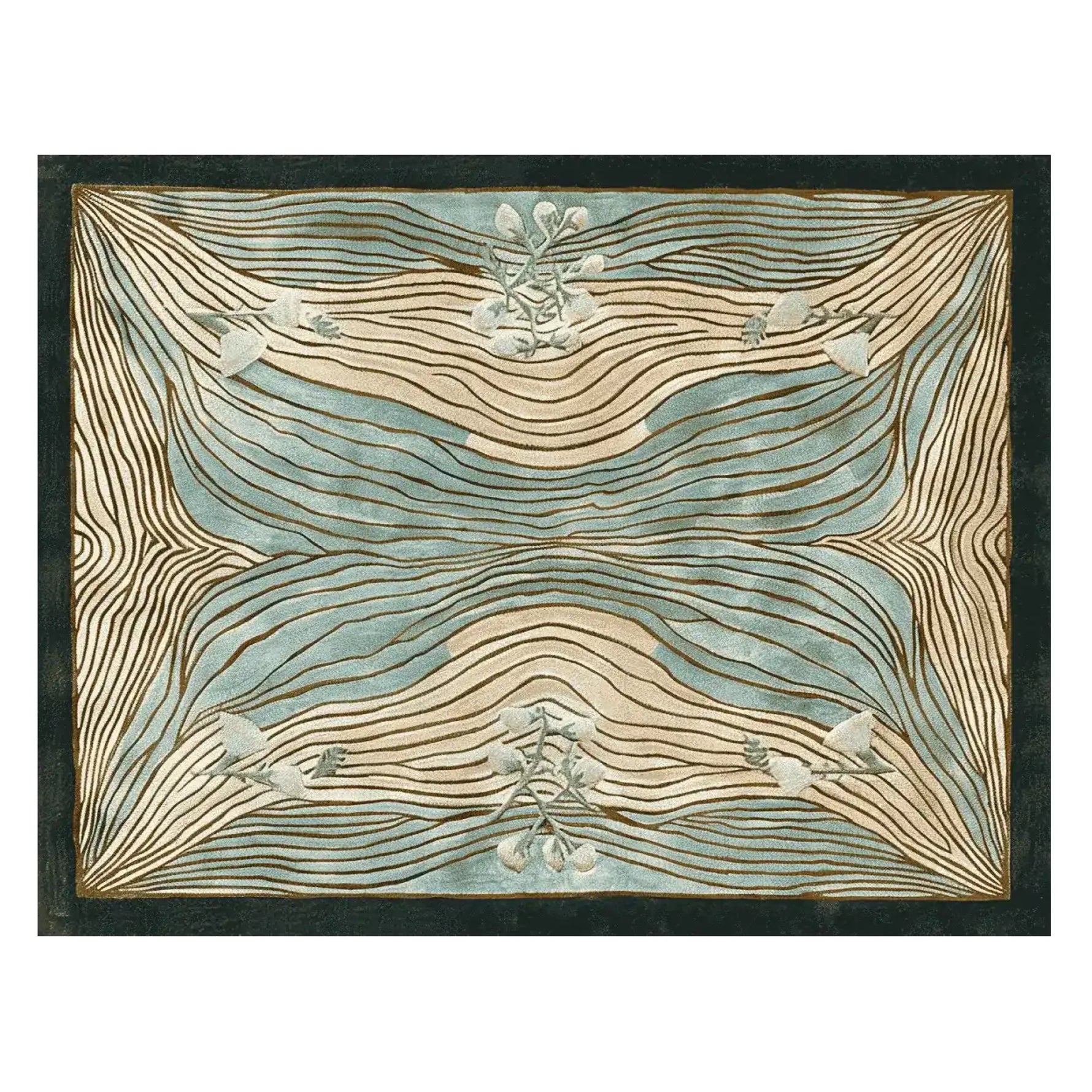 This image showcases the Fossil Trace Field Hand Tufted Area Rug, featuring an elegant abstract design in shades of beige and blue. Perfect for adding a contemporary touch to your living room, this wool rug offers a blend of style and comfort.