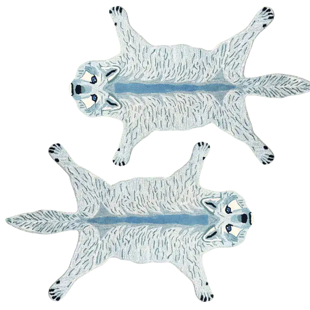 Charming fox-shaped hand-tufted wool area rug, perfect for adding a playful touch to your dining room or living room. The intricate design of this dining table rug features two fox motifs, ideal for those seeking unique dining room carpets.