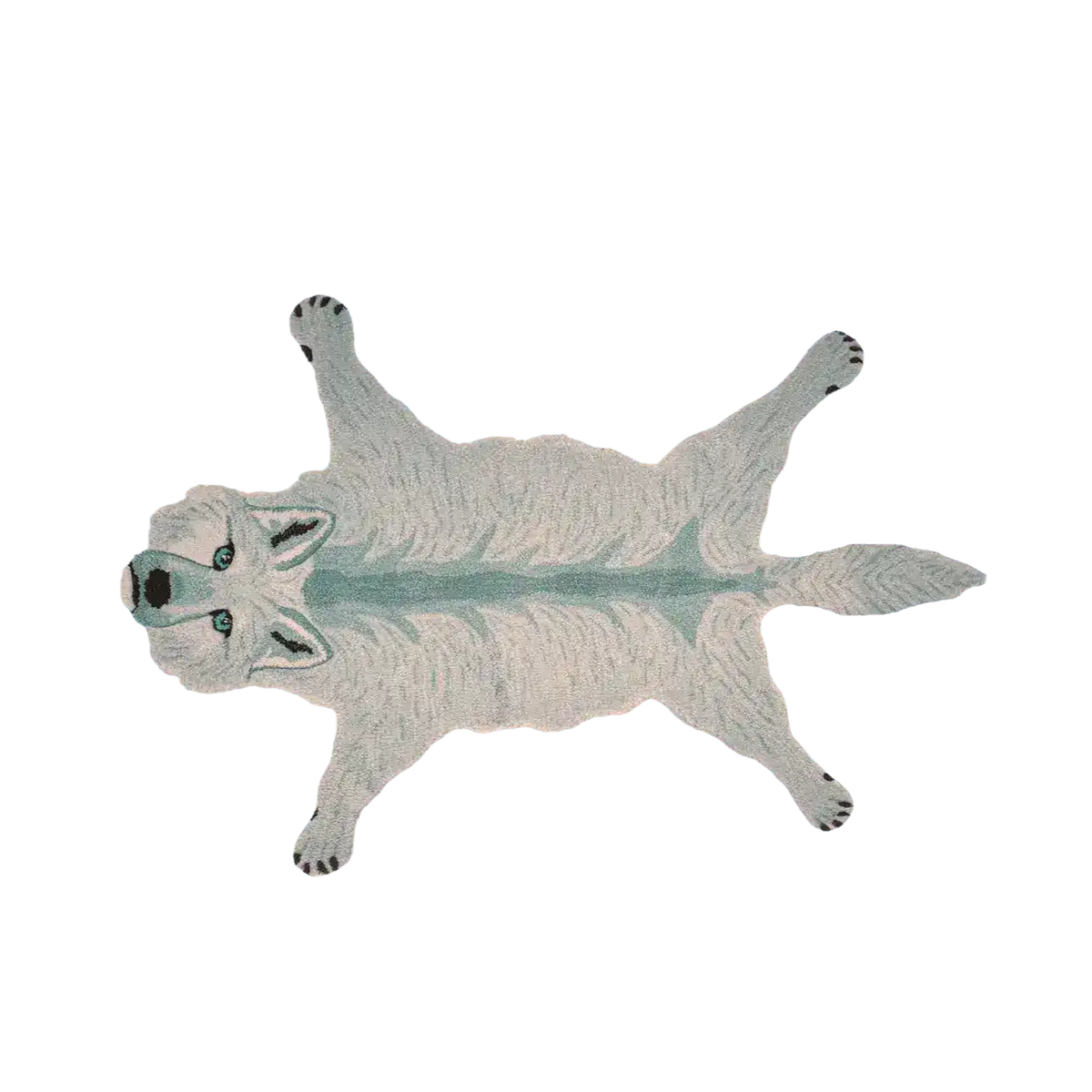 Fox-shaped area rug made from hand-tufted wool, perfect for adding a whimsical touch to your dining room or living room. This unique dining table rug features a detailed design of a fox on a blue background, ideal for those seeking distinctive dining room carpets or a cozy wool rug.