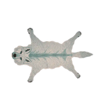 Fox-shaped area rug made from hand-tufted wool, perfect for adding a whimsical touch to your dining room or living room. This unique dining table rug features a detailed design of a fox on a blue background, ideal for those seeking distinctive dining room carpets or a cozy wool rug.