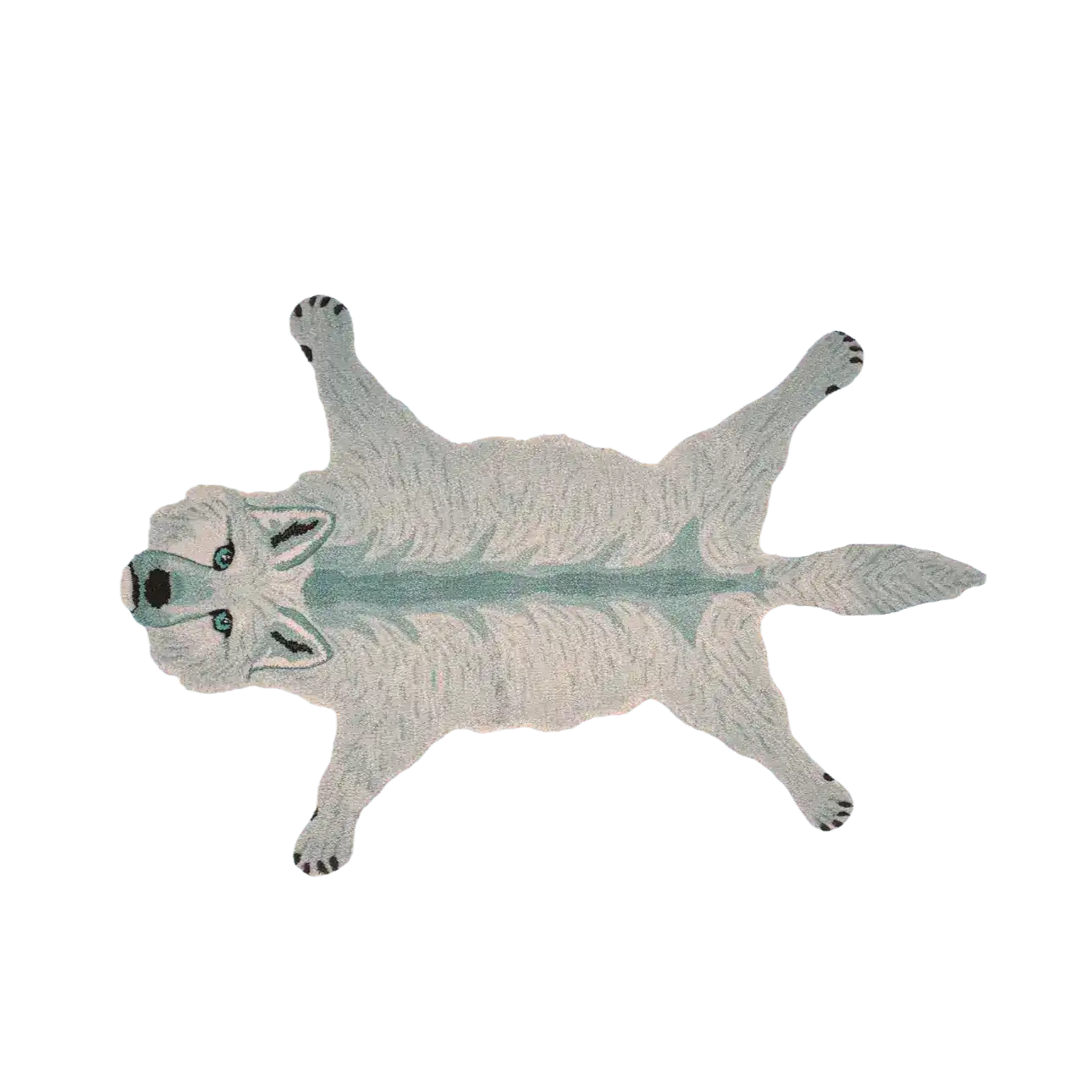 Fox-shaped area rug made from hand-tufted wool, perfect for adding a whimsical touch to your dining room or living room. This unique dining table rug features a detailed design of a fox on a blue background, ideal for those seeking distinctive dining room carpets or a cozy wool rug.