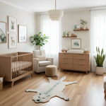 Nursery room with wooden crib, armchair, a fox rug, q dresser, and decorative elements.
