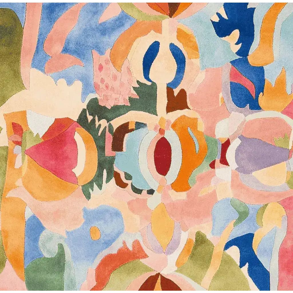 A vibrant and contemporary area rug featuring an abstract design in bold colors like blue, orange, pink, and green. This large square wool rug is perfect for adding a splash of color to a living room. Its hand-tufted texture offers a luxurious feel, ideal for large living room rugs in 8x10 dimensions.