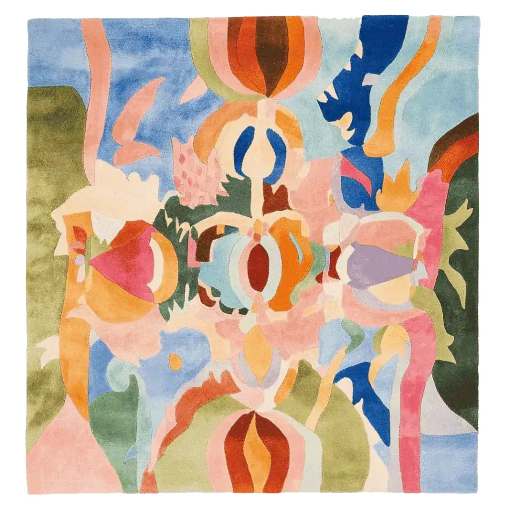 A vibrant, contemporary square area rug featuring an abstract design with colorful, organic shapes in shades of blue, pink, orange, and green. This wool rug is perfect for adding a pop of color to large living rooms, measuring 8x10 feet, and offers a modern touch to any space.