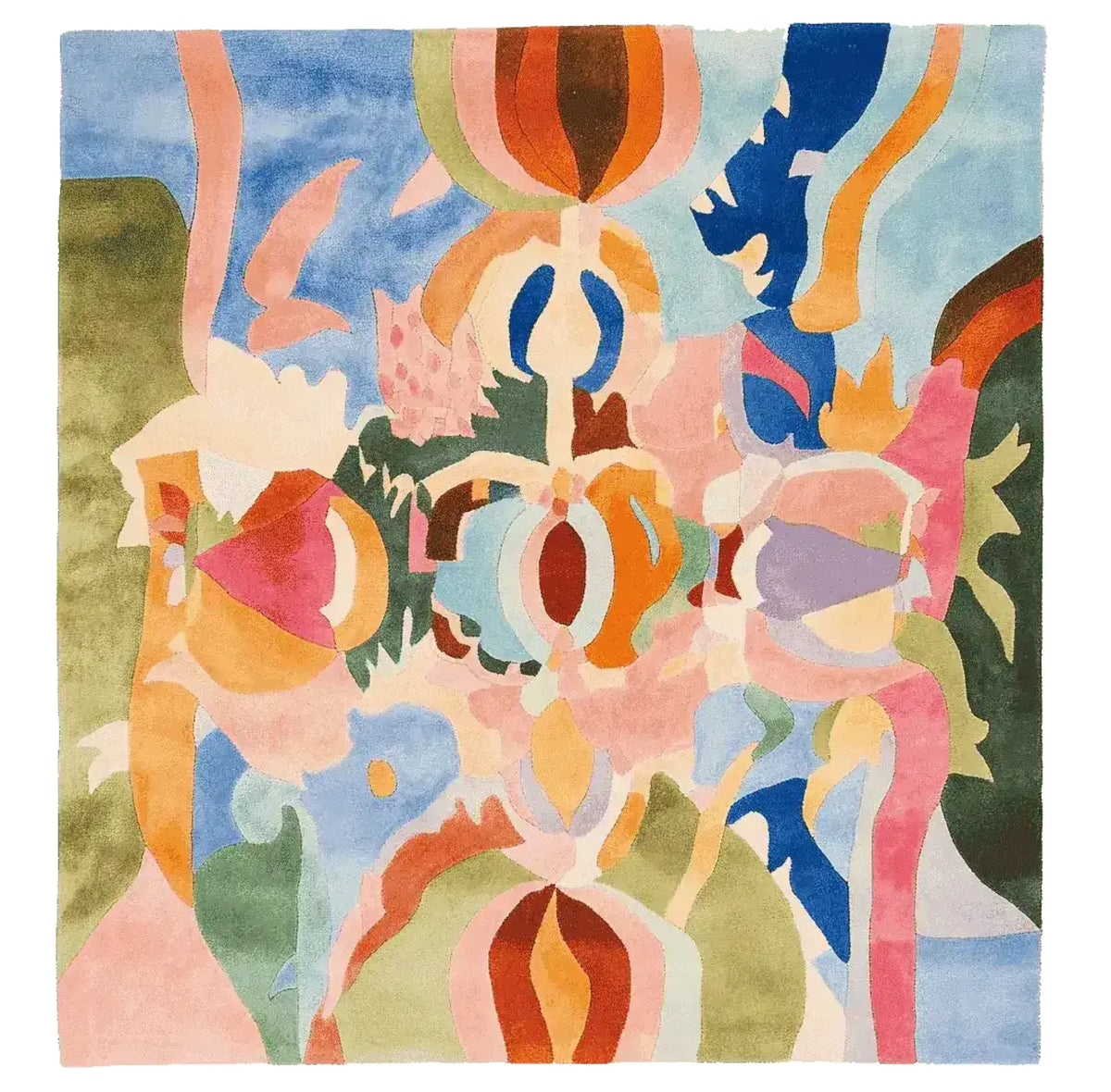 A vibrant, contemporary square area rug featuring an abstract design with colorful, organic shapes in shades of blue, pink, orange, and green. This wool rug is perfect for adding a pop of color to large living rooms, measuring 8x10 feet, and offers a modern touch to any space.