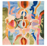 A vibrant, contemporary square area rug featuring an abstract design with colorful, organic shapes in shades of blue, pink, orange, and green. This wool rug is perfect for adding a pop of color to large living rooms, measuring 8x10 feet, and offers a modern touch to any space.
