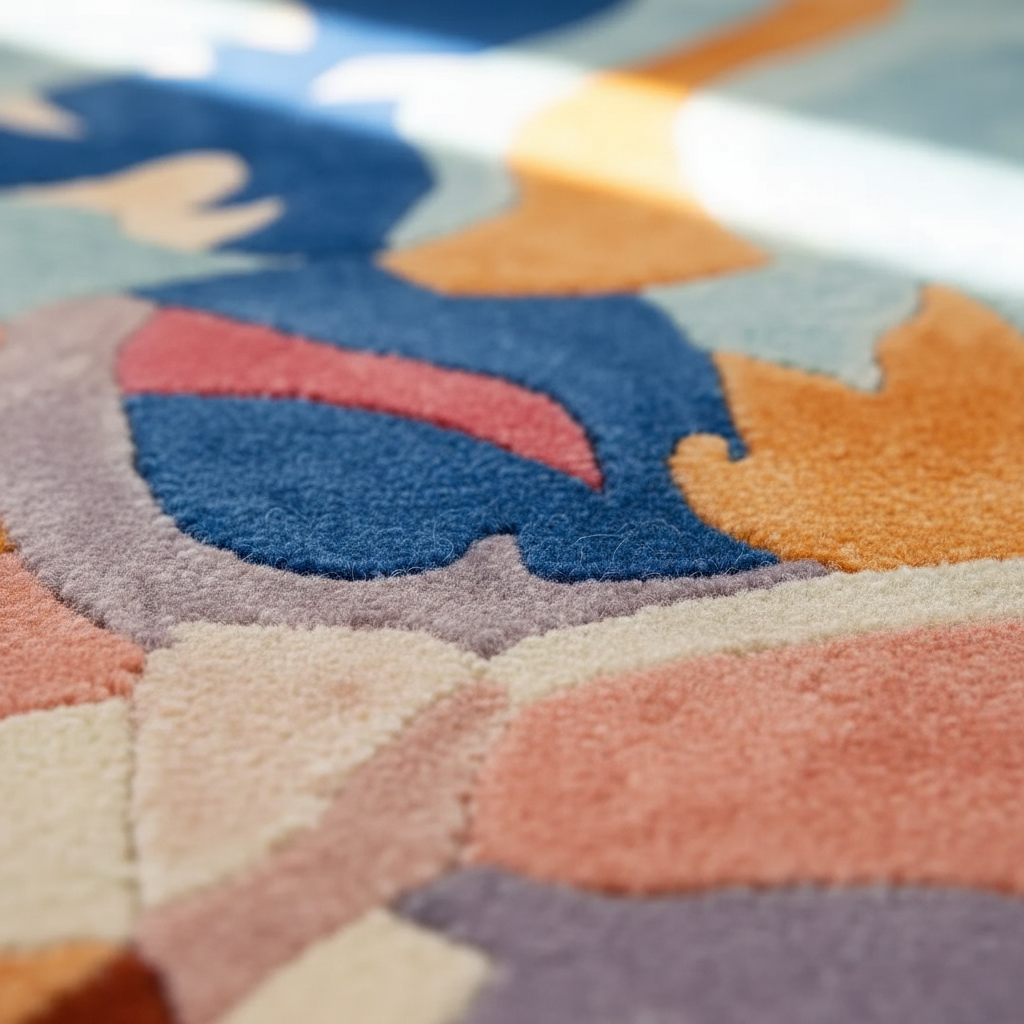 Close-up of a colorful patterned rug with geometric shapes.