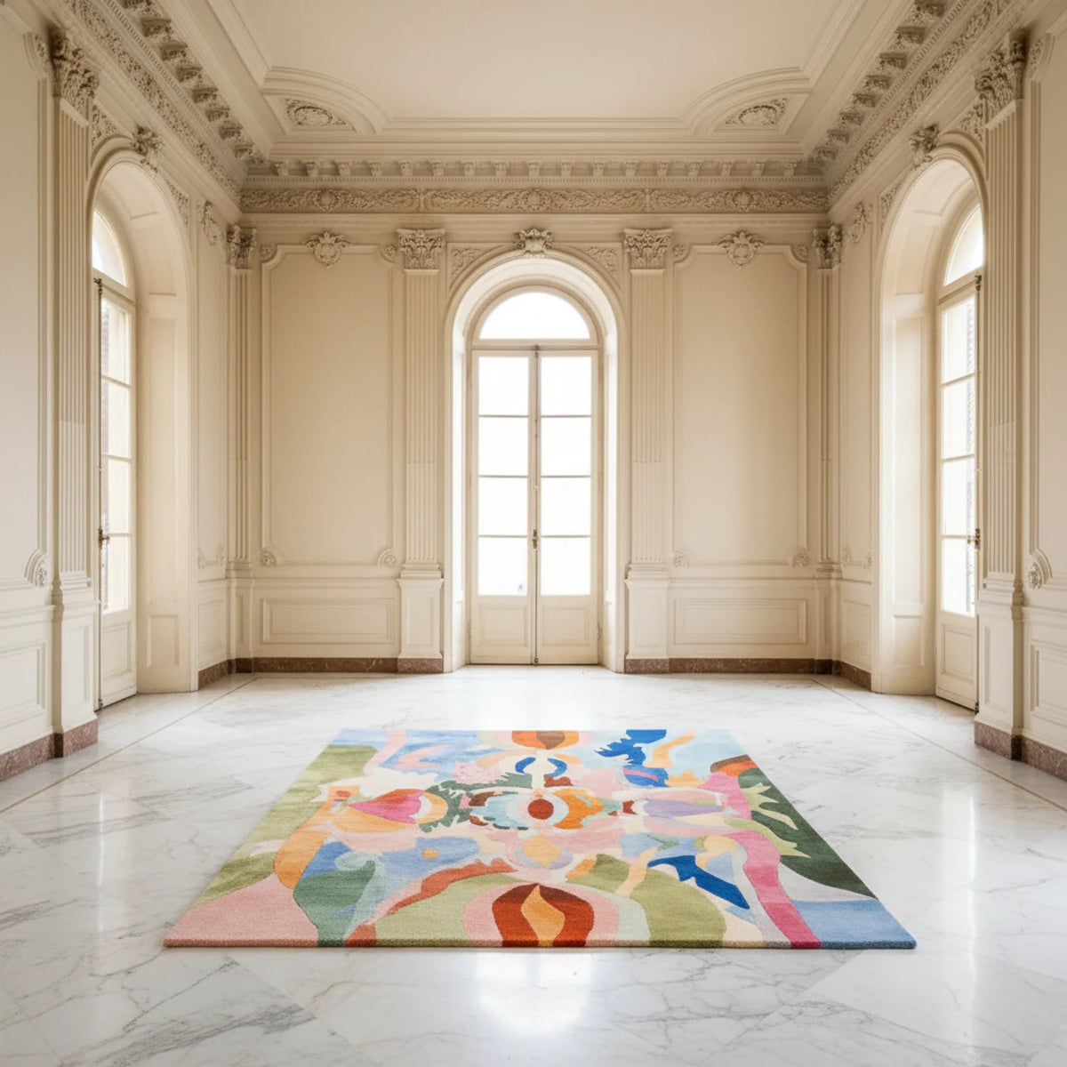 Colorful abstract rug on a marble floor in an elegant room with high ceilings and large windows.