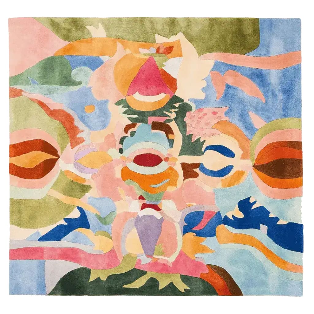 A vibrant and contemporary square area rug with an abstract design featuring bold colors like pink, orange, blue, and green. This wool rug is perfect for adding a splash of color to large living rooms, measuring 8x10. The Fractal Memory Hand Tufted Rug is a striking piece that serves as both a functional and artistic element in any space.