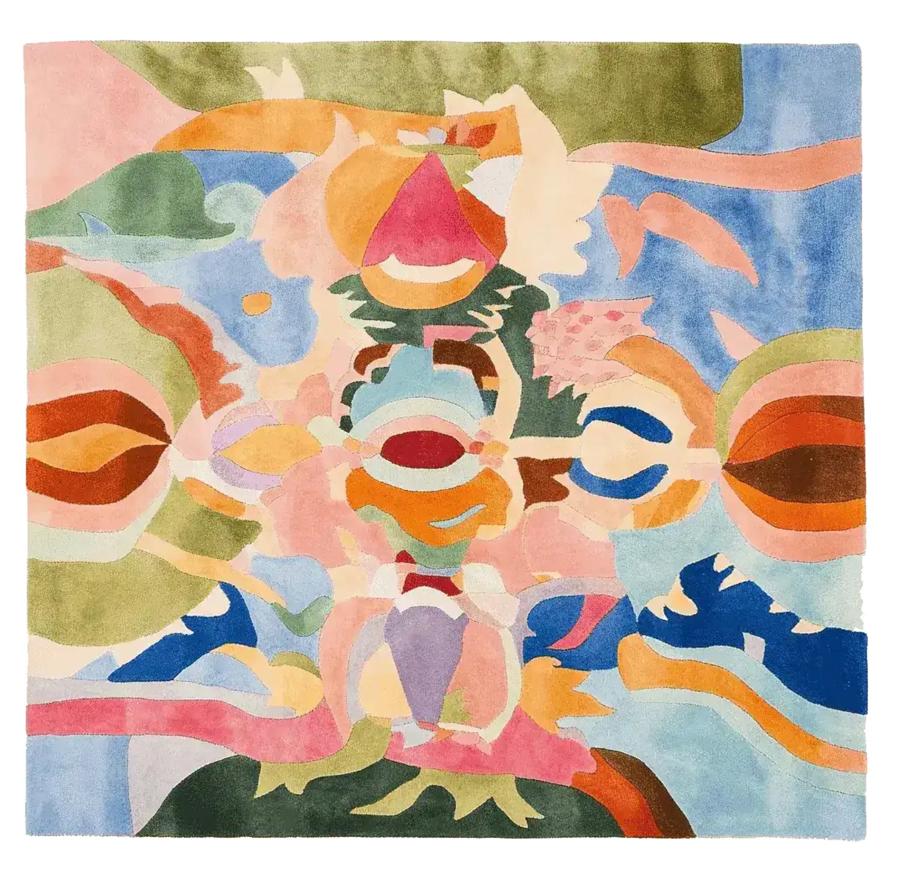 A vibrant and contemporary square area rug with an abstract design featuring bold colors like pink, orange, blue, and green. This wool rug is perfect for adding a splash of color to large living rooms, measuring 8x10. The Fractal Memory Hand Tufted Rug is a striking piece that serves as both a functional and artistic element in any space.