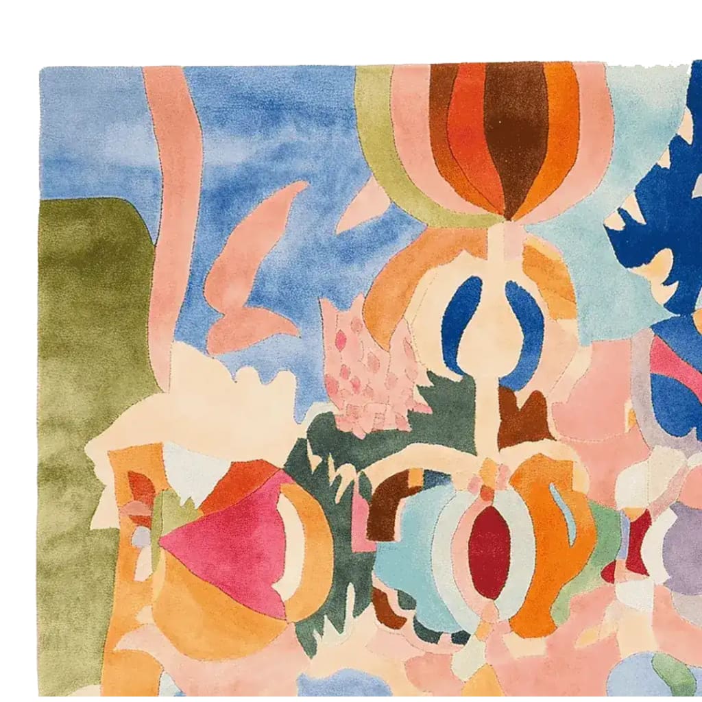A vibrant and colorful Fractal Memory Hand Tufted square area rug, showcasing an abstract design with a mix of blue, pink, green, orange, and beige hues. Perfect as a wool rug for large living room spaces, this contemporary rug adds a unique artistic touch to any decor. Ideal for those seeking living room rugs 8x10 or distinctive square rugs.