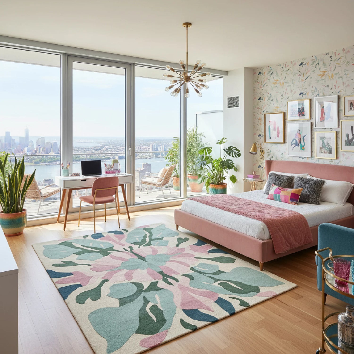 Modern bedroom with pink bed, floral rug, and city view