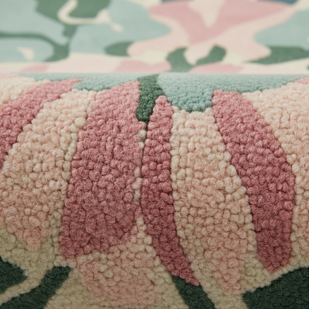 Close-up of a textured fabric with pink, green, and beige colors.