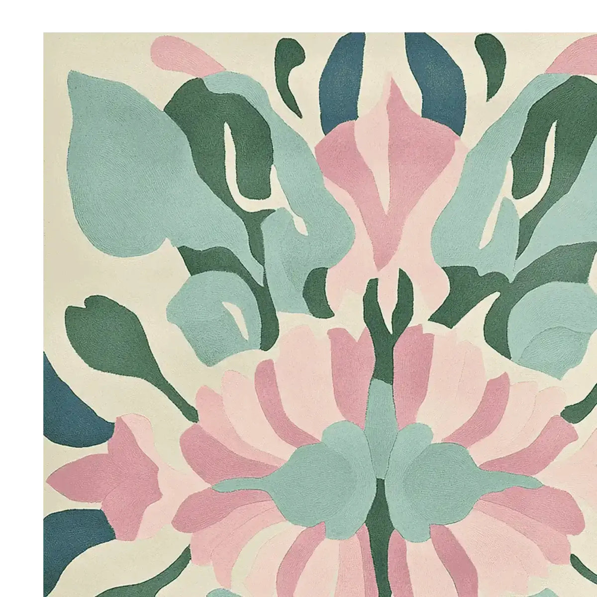 Contemporary area rug featuring a hand-tufted abstract design in soft pink, green, and blue hues. Perfect for adding a modern touch to any living room, this wool rug combines artistic flair with cozy comfort.