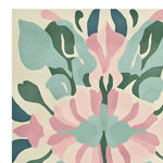 Contemporary area rug featuring a hand-tufted abstract design in soft pink, green, and blue hues. Perfect for adding a modern touch to any living room, this wool rug combines artistic flair with cozy comfort.