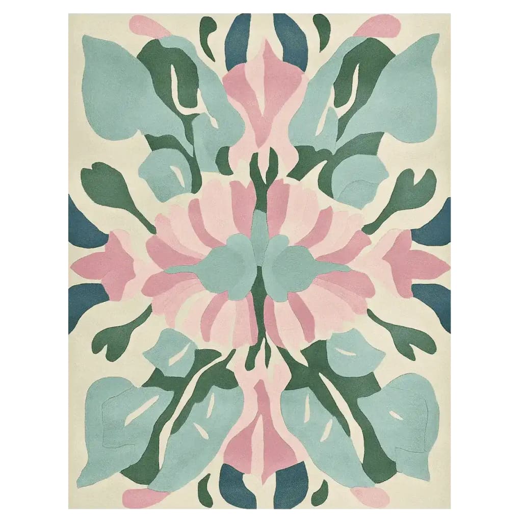 The Fracture Bloom Core Hand Tufted Area Rug showcases an abstract floral pattern with soft pastel hues of pink, green, and blue. This contemporary wool rug adds a touch of elegance to any living room, combining artistry with comfort.