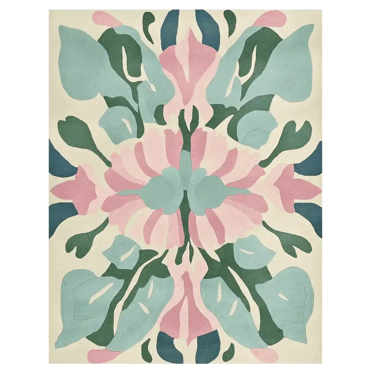 The Fracture Bloom Core Hand Tufted Area Rug showcases an abstract floral pattern with soft pastel hues of pink, green, and blue. This contemporary wool rug adds a touch of elegance to any living room, combining artistry with comfort.