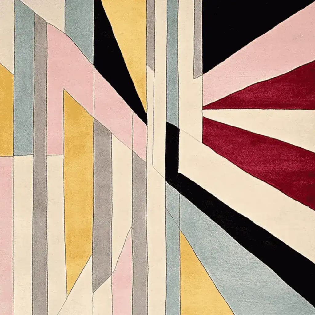 A contemporary Fractured Light Hand Tufted Area Rug featuring an abstract geometric pattern with vibrant colors like pink, yellow, black, and red. This wool rug is perfect for adding a modern touch to living rooms, making it an ideal choice for those seeking stylish area rugs for living room decor.