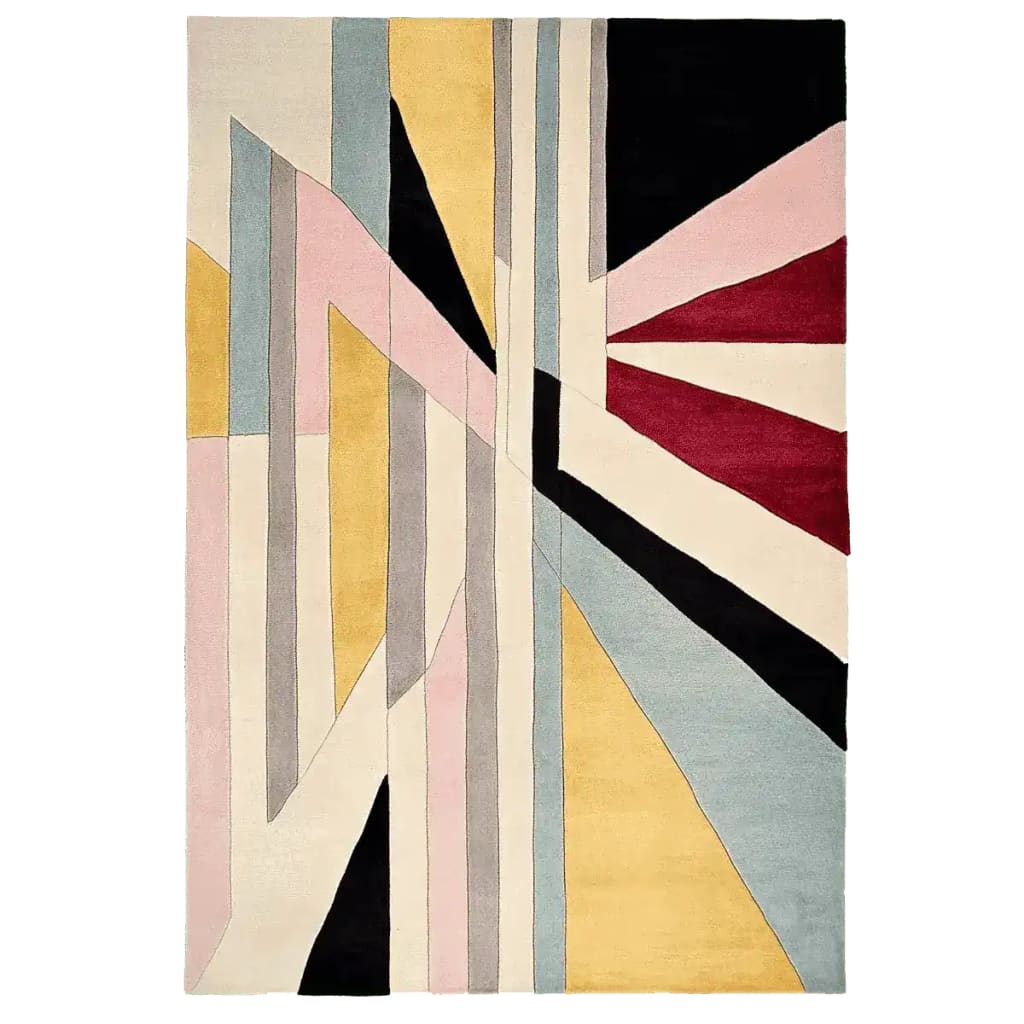 Fractured Light Hand Tufted Area Rug featuring an abstract, contemporary design with geometric patterns in shades of yellow, pink, red, black, and blue. This wool rug is perfect for adding a modern touch to living room spaces.