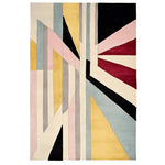 Fractured Light Hand Tufted Area Rug featuring an abstract, contemporary design with geometric patterns in shades of yellow, pink, red, black, and blue. This wool rug is perfect for adding a modern touch to living room spaces.