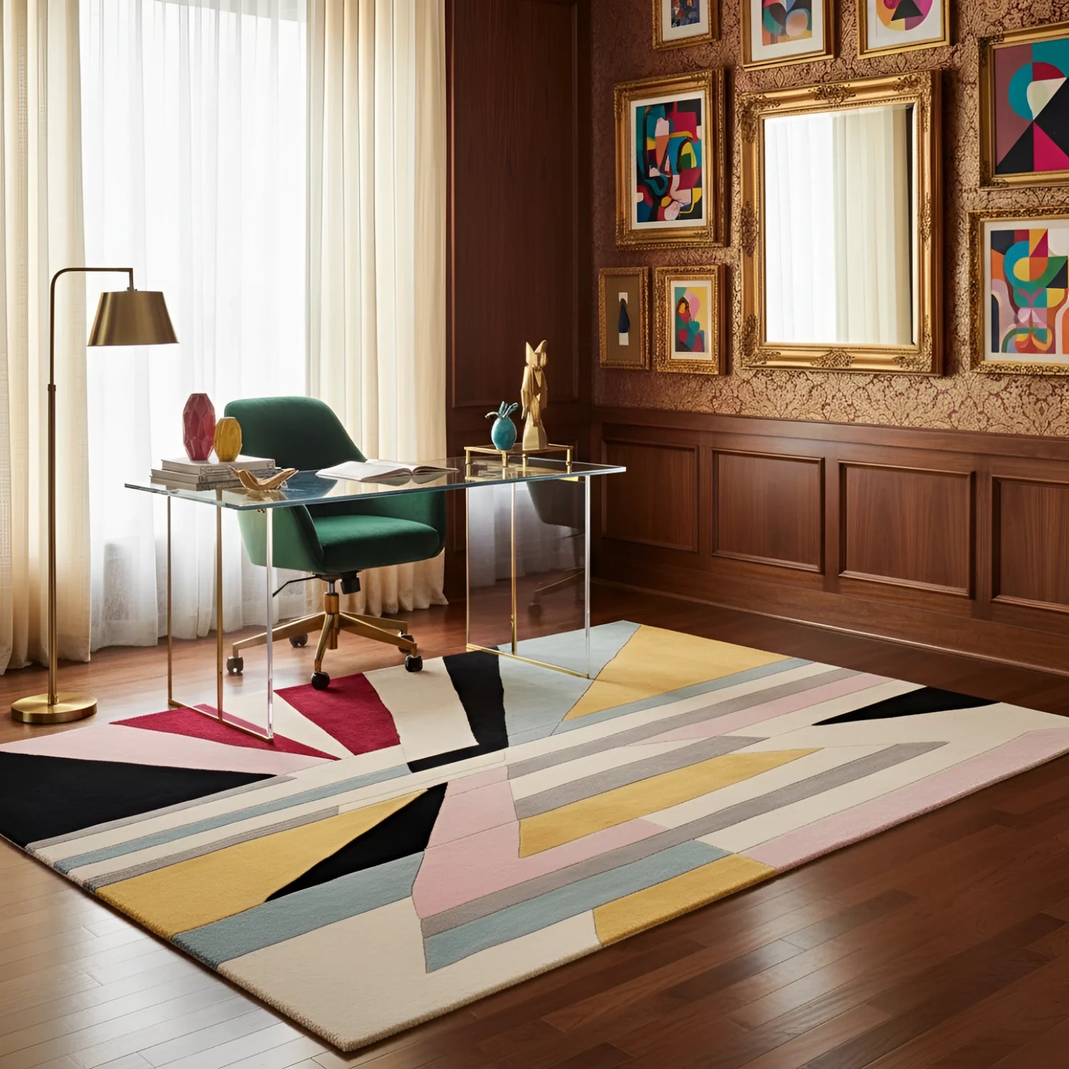 Colorful geometric rug in a room with wooden floor, desk, and wall art.