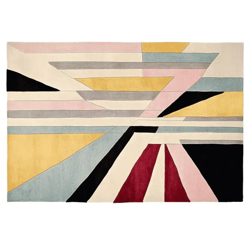 Fractured Light Hand Tufted Area Rug featuring an abstract geometric design with vibrant colors like yellow, pink, and blue. This contemporary wool rug is perfect for adding a stylish touch to any living room space.
