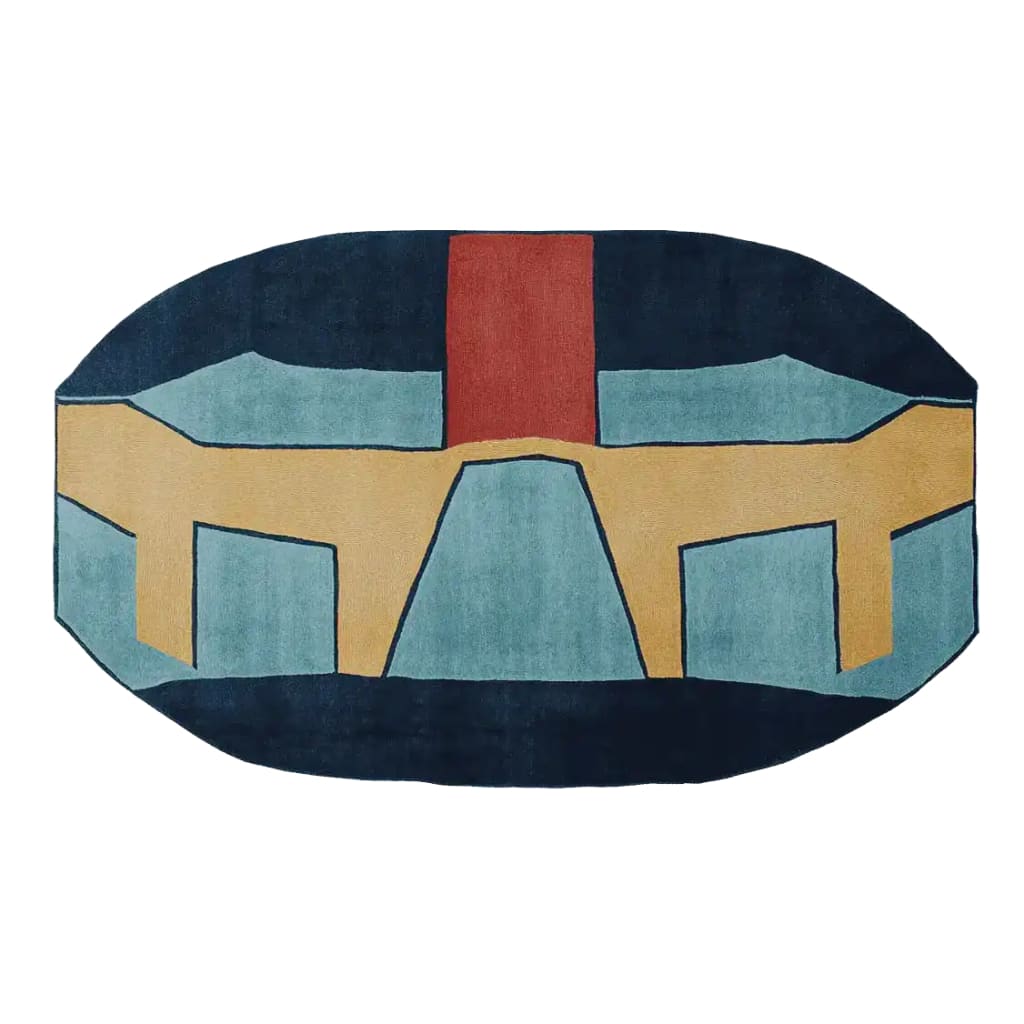 Top view of an abstract oval area rug featuring bold geometric patterns in blue, yellow, and red. This contemporary wool rug is perfect for enhancing living room aesthetics, especially in an 8x10 space.