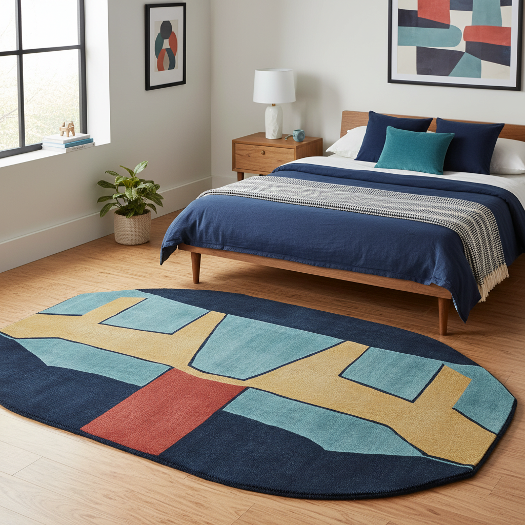 Bedroom with a colorful geometric rug on the floor, bed with blue bedding, and wall art.