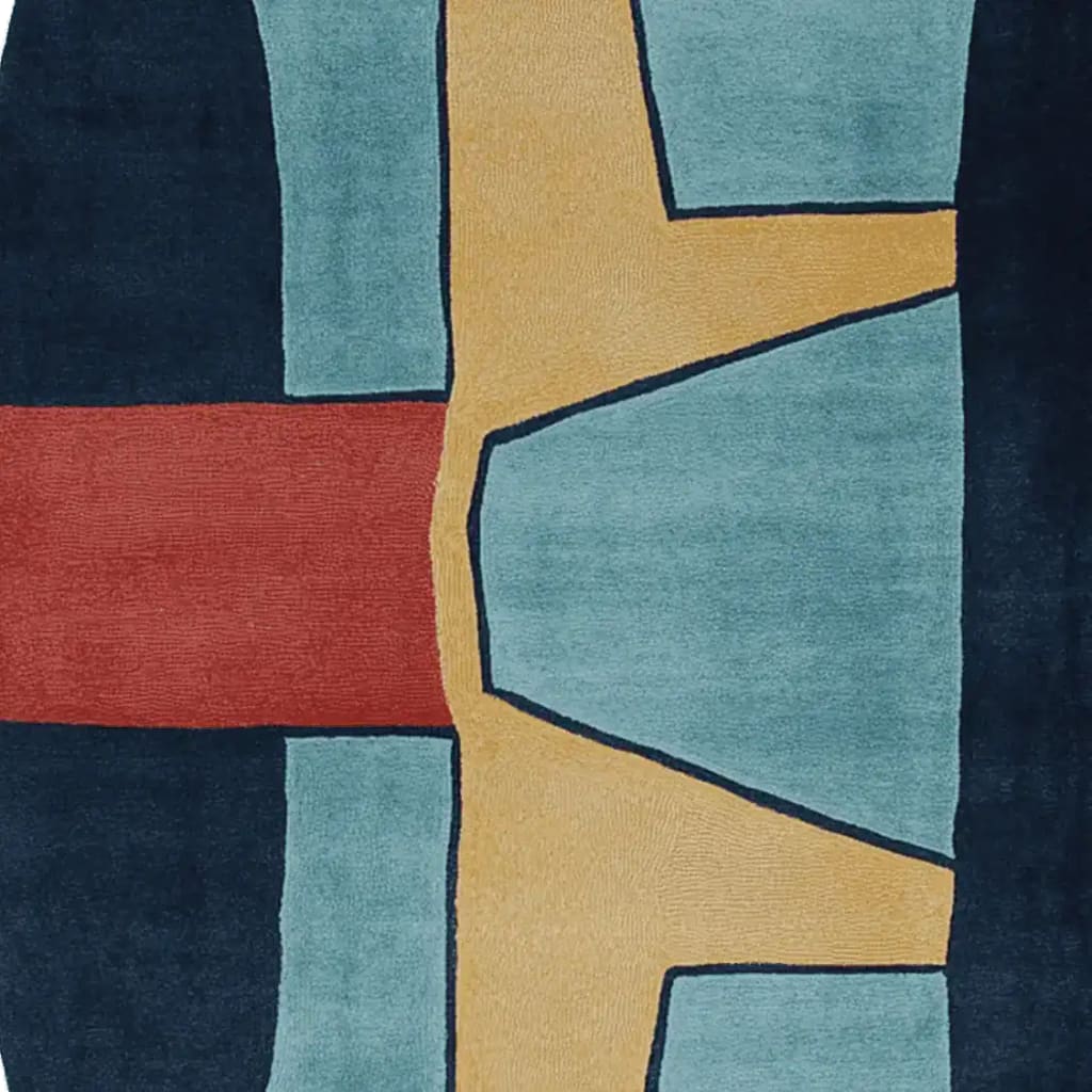 Top view of a contemporary area rug featuring an abstract design with bold colors. The wool rug displays a striking pattern with shades of blue, mustard yellow, and red, ideal for adding a modern touch to living room rugs 8x10 spaces.