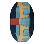 Top view of the Fractured Path Echo Hand Tufted Area Rug, showcasing its unique abstract design with bold geometric shapes in blue, yellow, and red. This contemporary wool rug is perfect for adding a modern touch to living room spaces, available in an 8x10 size.