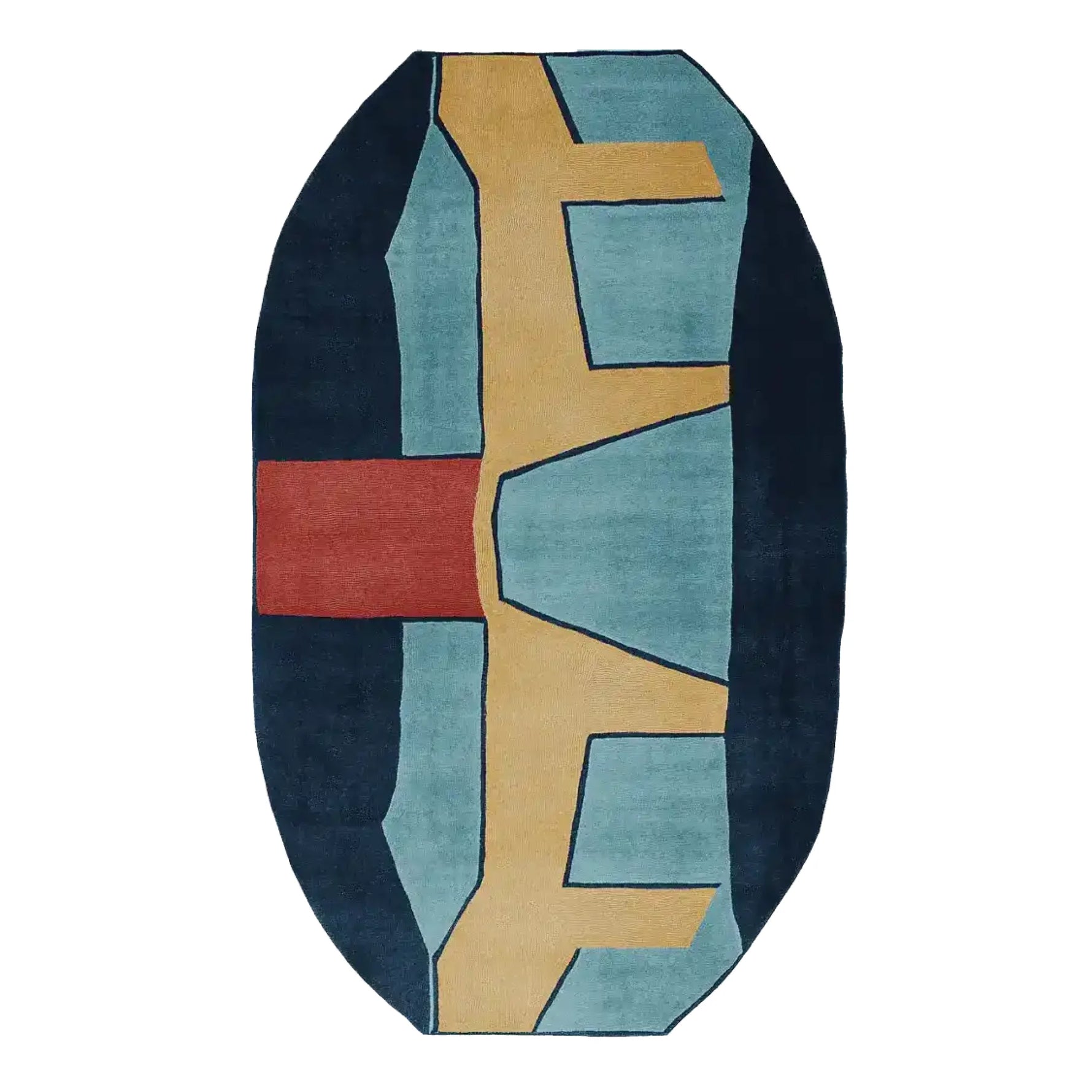 Top view of the Fractured Path Echo Hand Tufted Area Rug, showcasing its unique abstract design with bold geometric shapes in blue, yellow, and red. This contemporary wool rug is perfect for adding a modern touch to living room spaces, available in an 8x10 size.