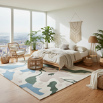 Modern bedroom with large windows, plants, and a patterned contemporary abstract wool rug.