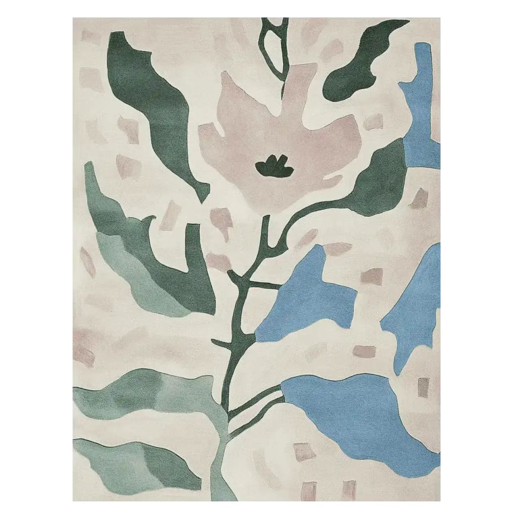 The Fragmented Floral Dream Hand Tufted Area Rug showcases a contemporary design with abstract floral patterns in soft pastel hues. This wool rug is perfect for adding a touch of elegance to large living rooms. Its unique blend of colors includes shades of green, blue, and beige, making it an ideal choice for those seeking stylish rugs for living room decor.
