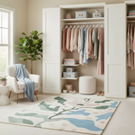 Closet with clothes, chair, and rug in a room with a plant