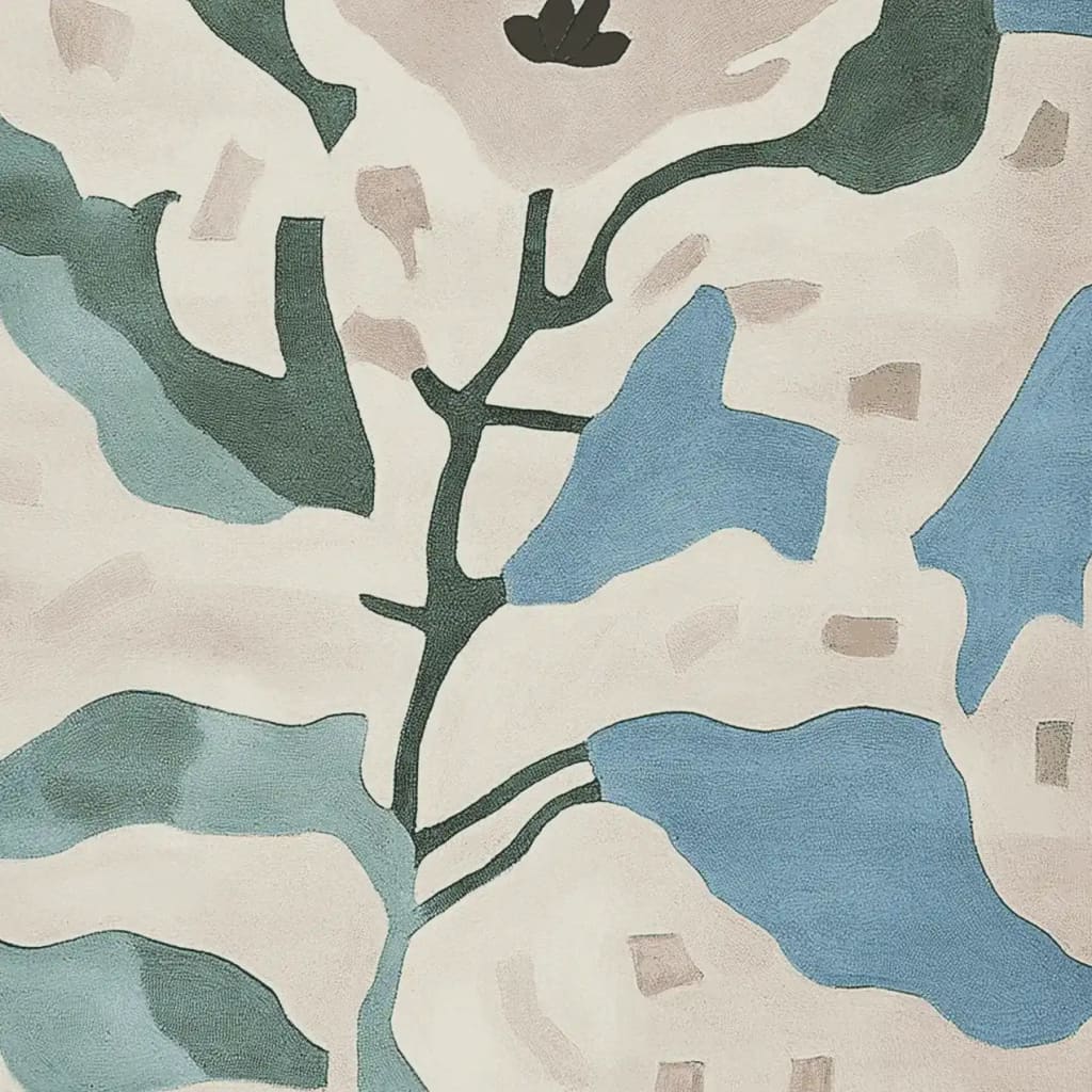 A top view of the Fragmented Floral Dream Hand Tufted Area Rug, showcasing an abstract floral pattern with a harmonious blend of soft blues, greens, and beige tones. This wool rug is perfect for large living rooms, adding a contemporary touch to any space. Ideal for those seeking stylish rugs for their living room.