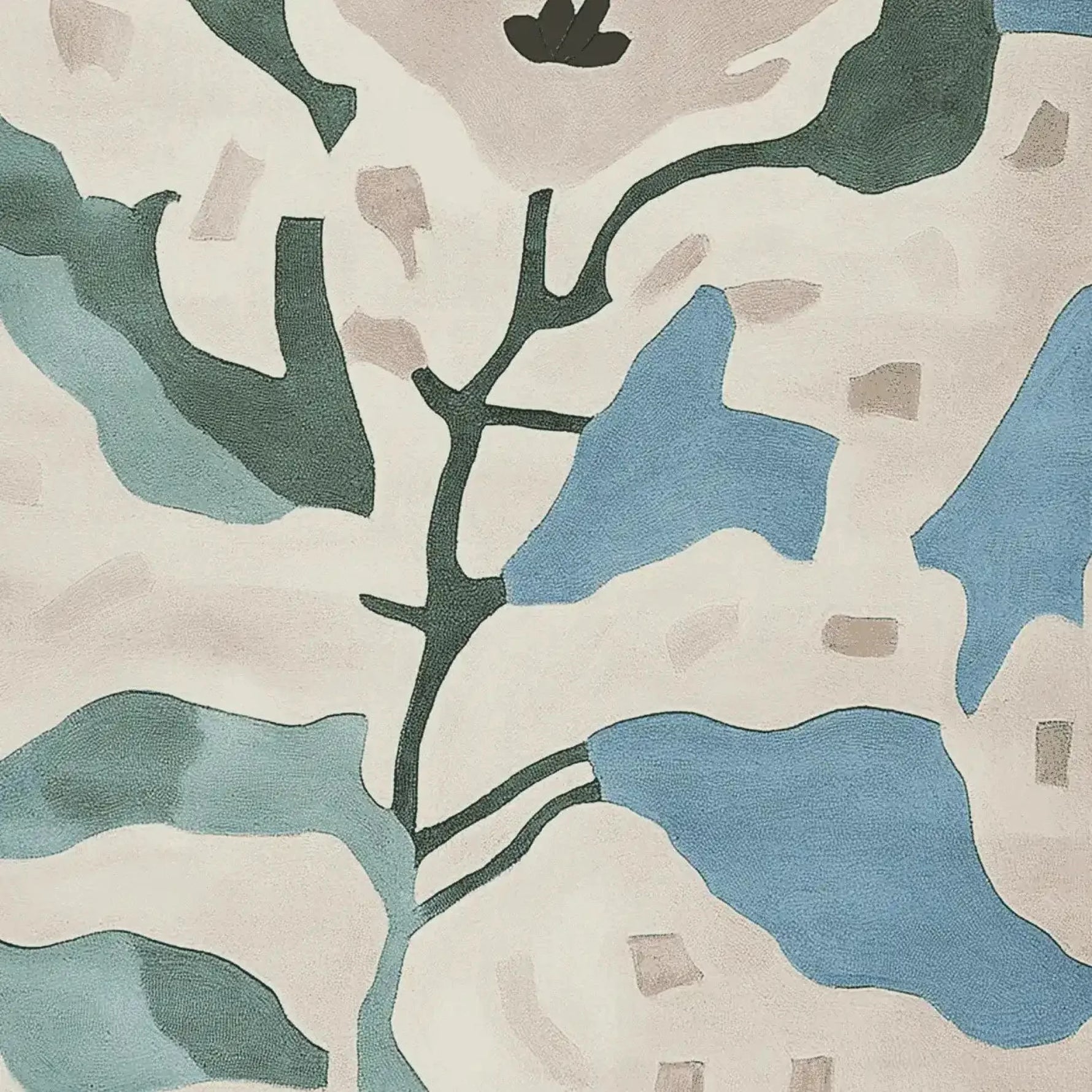 A top view of the Fragmented Floral Dream Hand Tufted Area Rug, showcasing an abstract floral pattern with a harmonious blend of soft blues, greens, and beige tones. This wool rug is perfect for large living rooms, adding a contemporary touch to any space. Ideal for those seeking stylish rugs for their living room.